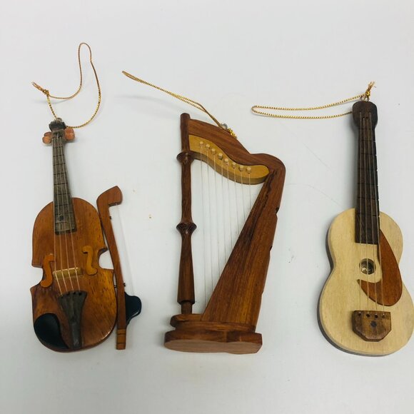 Vintage Wood Musical Christmas Ornaments Crafting Miniatures Violin Harp Guitar - Picture 1 of 6
